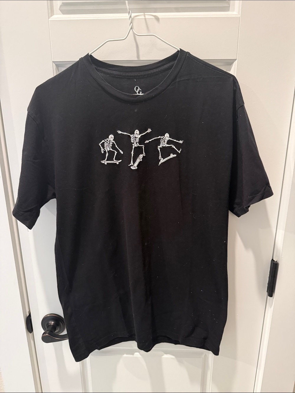Black Short-Sleeve Tee with Skate Skeleton Chest Graphic